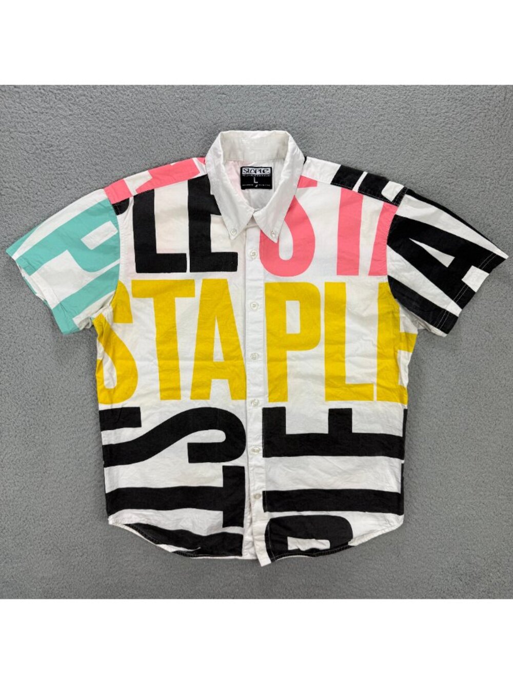 Staple Shirt Mens Large L White Pigeon All Over Print Button Up Polo Jeff AOP